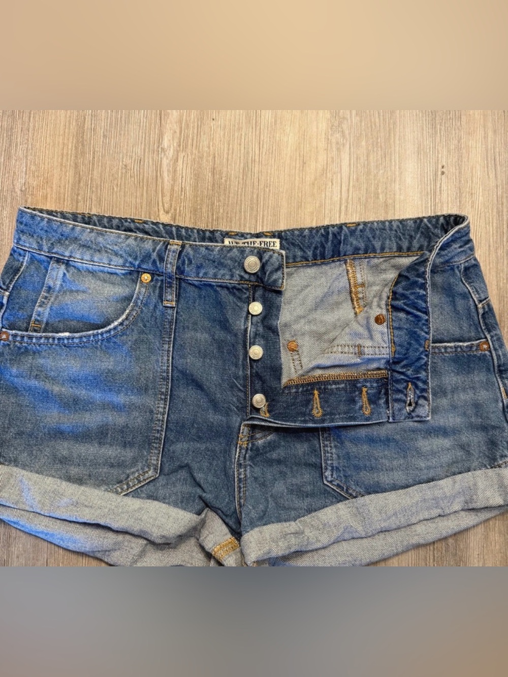 We The Free Distressed Blue Roll-Cuff Denim Shorts - Picture 2 of 9